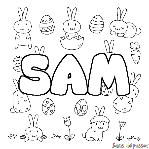 Coloriage pr&eacute;nom SAM - d&eacute;cor Paques