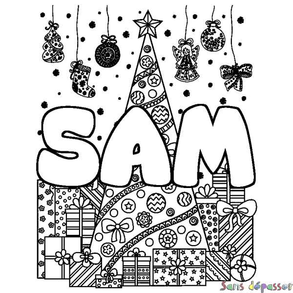 Coloriage pr&eacute;nom SAM - d&eacute;cor Sapin et Cadeaux