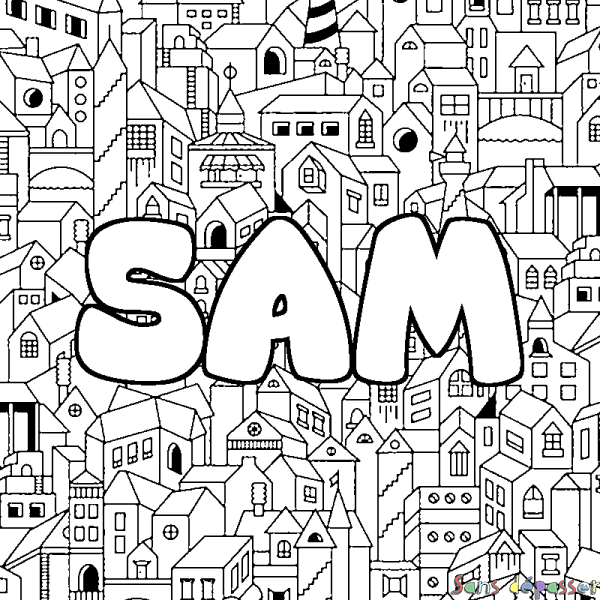 Coloriage pr&eacute;nom SAM - d&eacute;cor Ville