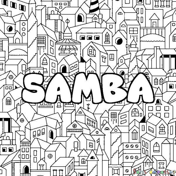 Coloriage pr&eacute;nom SAMBA - d&eacute;cor Ville