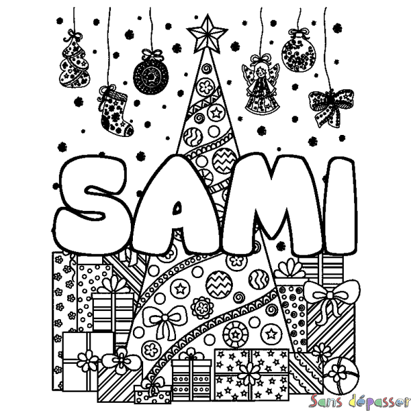 Coloriage pr&eacute;nom SAMI - d&eacute;cor Sapin et Cadeaux
