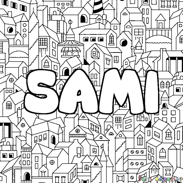 Coloriage pr&eacute;nom SAMI - d&eacute;cor Ville
