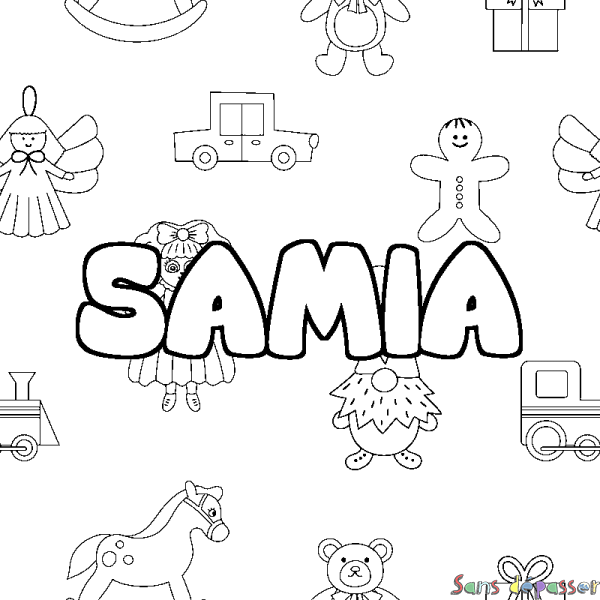 Coloriage pr&eacute;nom SAMIA - d&eacute;cor Jouets