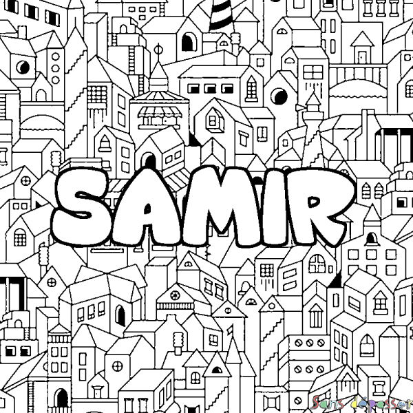 Coloriage pr&eacute;nom SAMIR - d&eacute;cor Ville