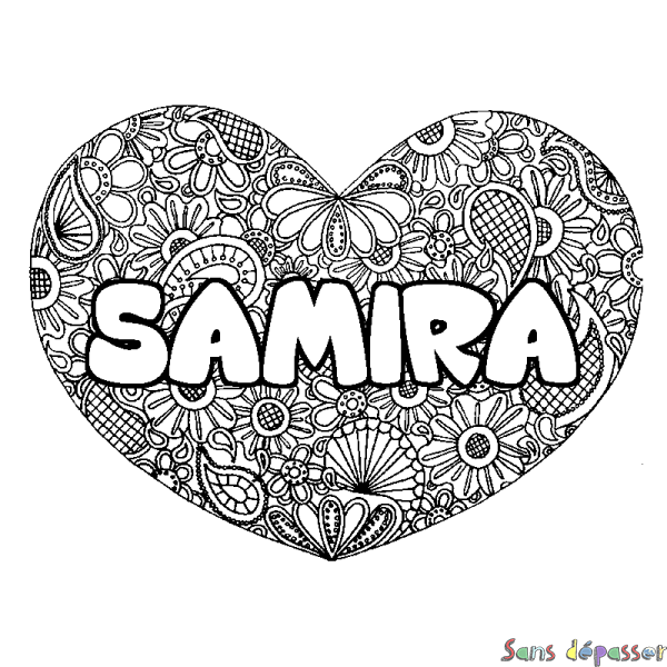 Coloriage prénom SAMIRA - d&eacute;cor Mandala coeur