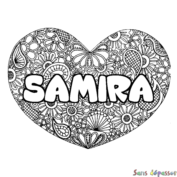 Coloriage pr&eacute;nom SAMIRA - d&eacute;cor Mandala coeur