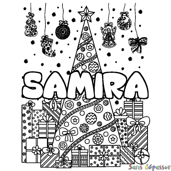 Coloriage pr&eacute;nom SAMIRA - d&eacute;cor Sapin et Cadeaux