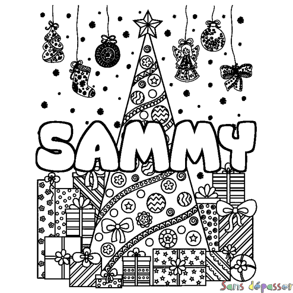 Coloriage pr&eacute;nom SAMMY - d&eacute;cor Sapin et Cadeaux
