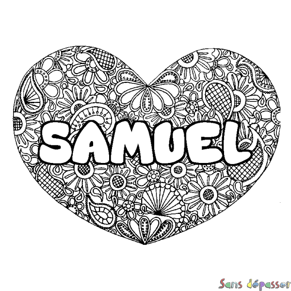 Coloriage prénom SAMUEL - d&eacute;cor Mandala coeur