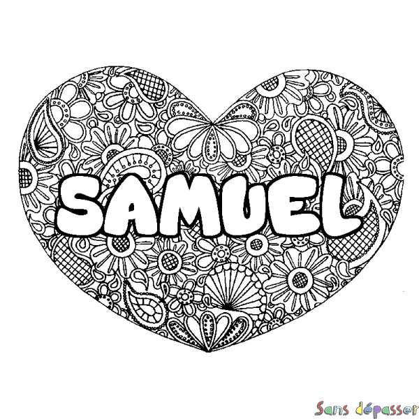 Coloriage pr&eacute;nom SAMUEL - d&eacute;cor Mandala coeur