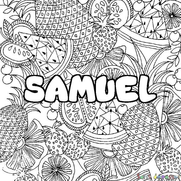 Coloriage pr&eacute;nom SAMUEL - d&eacute;cor Mandala fruits