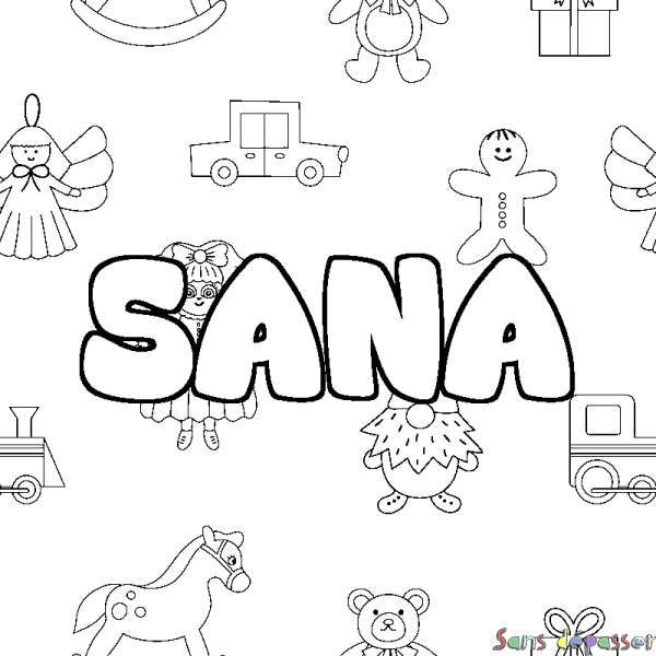 Coloriage pr&eacute;nom SANA - d&eacute;cor Jouets