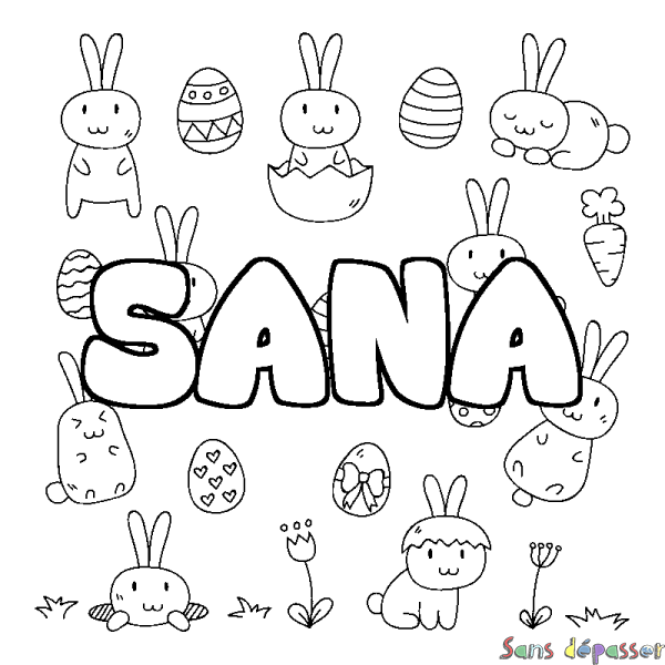 Coloriage pr&eacute;nom SANA - d&eacute;cor Paques