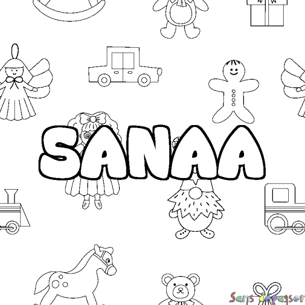 Coloriage pr&eacute;nom SANAA - d&eacute;cor Jouets