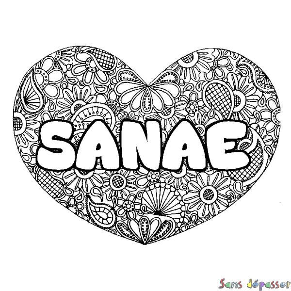 Coloriage prénom SANAE - d&eacute;cor Mandala coeur