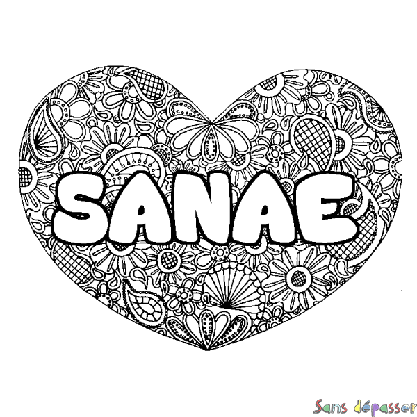 Coloriage pr&eacute;nom SANAE - d&eacute;cor Mandala coeur