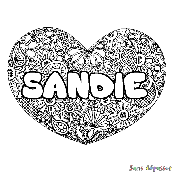 Coloriage prénom SANDIE - d&eacute;cor Mandala coeur