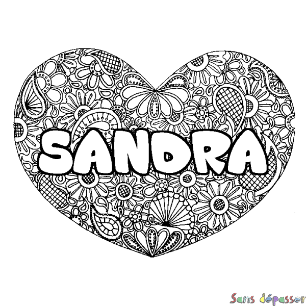 Coloriage prénom SANDRA - d&eacute;cor Mandala coeur