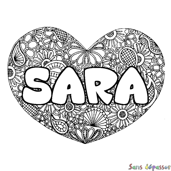 Coloriage prénom SARA - d&eacute;cor Mandala coeur