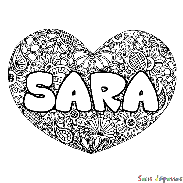 Coloriage pr&eacute;nom SARA - d&eacute;cor Mandala coeur