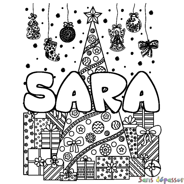 Coloriage prénom SARA - d&eacute;cor Sapin et Cadeaux