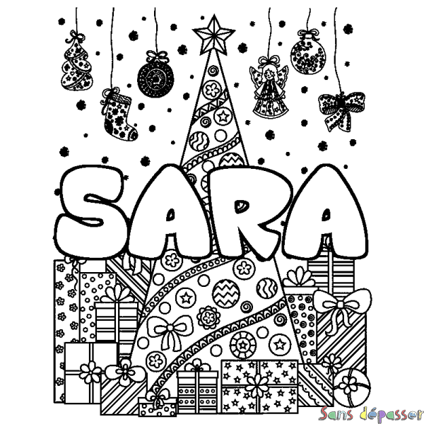 Coloriage pr&eacute;nom SARA - d&eacute;cor Sapin et Cadeaux