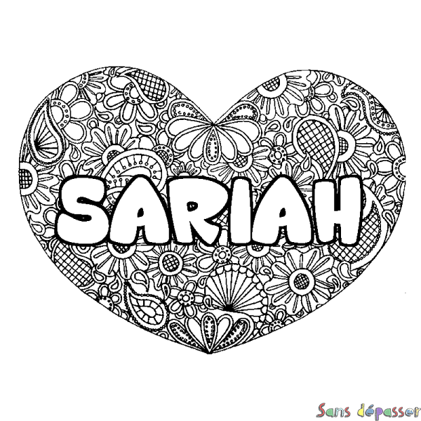 Coloriage pr&eacute;nom SARIAH - d&eacute;cor Mandala coeur