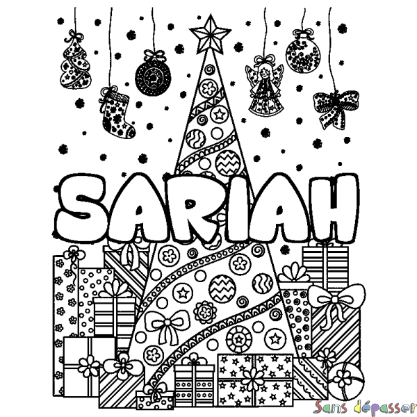 Coloriage pr&eacute;nom SARIAH - d&eacute;cor Sapin et Cadeaux