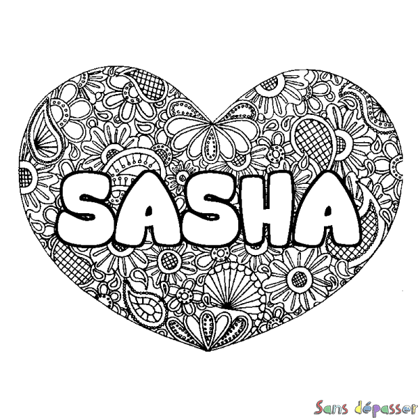 Coloriage pr&eacute;nom SASHA - d&eacute;cor Mandala coeur