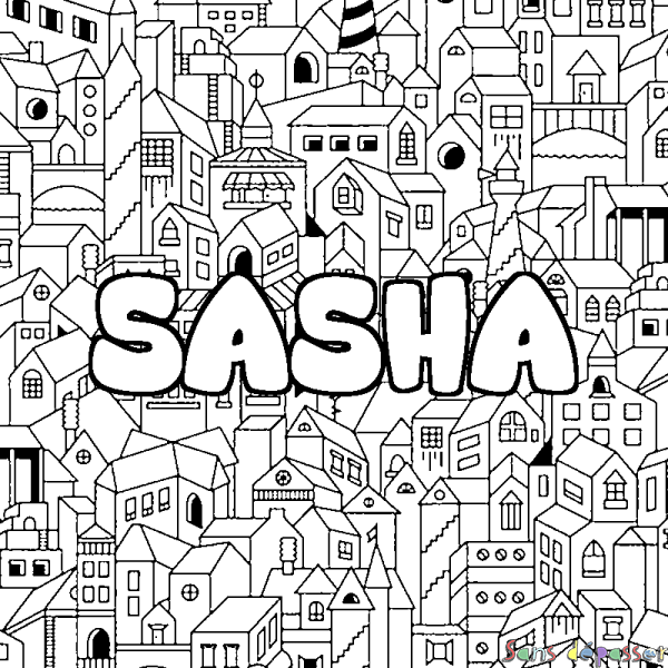 Coloriage pr&eacute;nom SASHA - d&eacute;cor Ville
