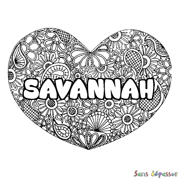 Coloriage pr&eacute;nom SAVANNAH - d&eacute;cor Mandala coeur