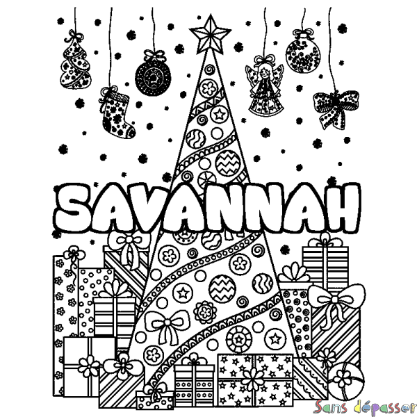 Coloriage pr&eacute;nom SAVANNAH - d&eacute;cor Sapin et Cadeaux