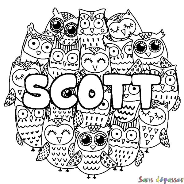 Coloriage pr&eacute;nom SCOTT - d&eacute;cor Chouettes