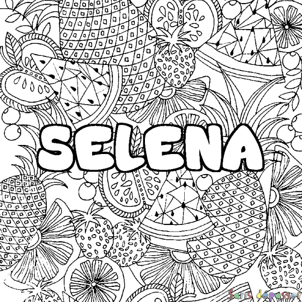 Coloriage pr&eacute;nom SELENA - d&eacute;cor Mandala fruits