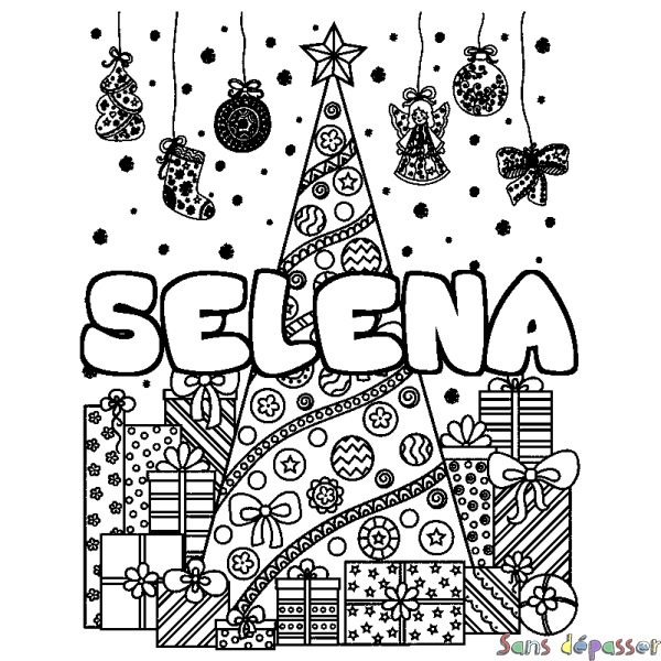 Coloriage pr&eacute;nom SELENA - d&eacute;cor Sapin et Cadeaux
