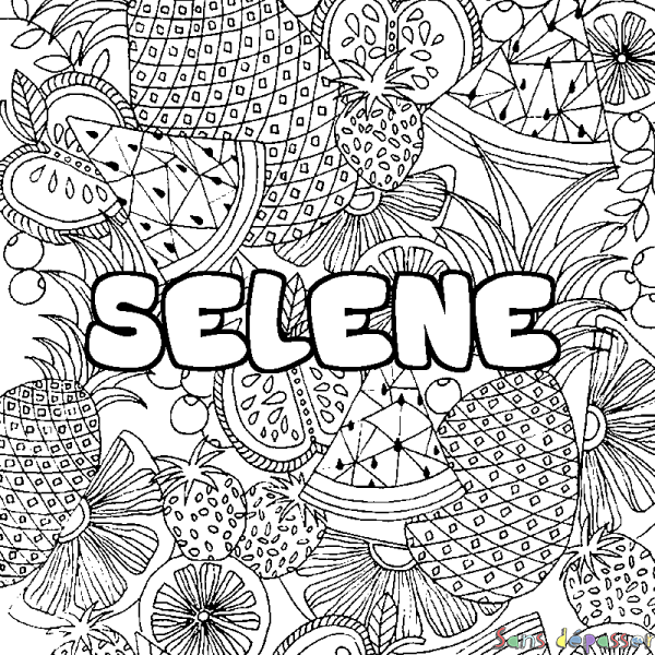 Coloriage pr&eacute;nom SELENE - d&eacute;cor Mandala fruits