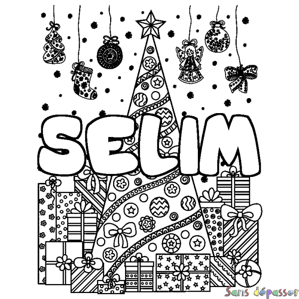 Coloriage prénom SELIM - d&eacute;cor Sapin et Cadeaux