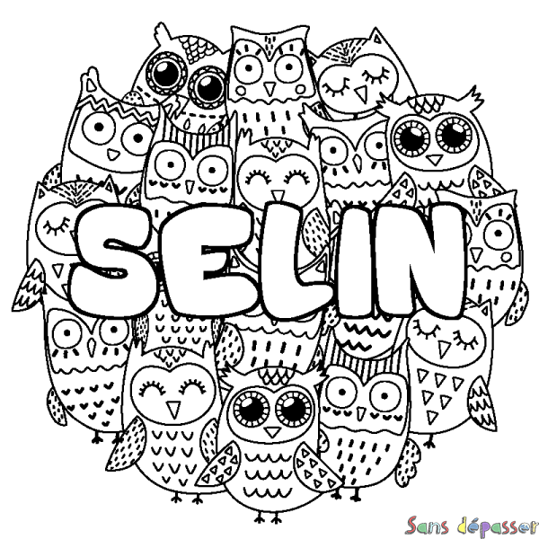 Coloriage pr&eacute;nom SELIN - d&eacute;cor Chouettes