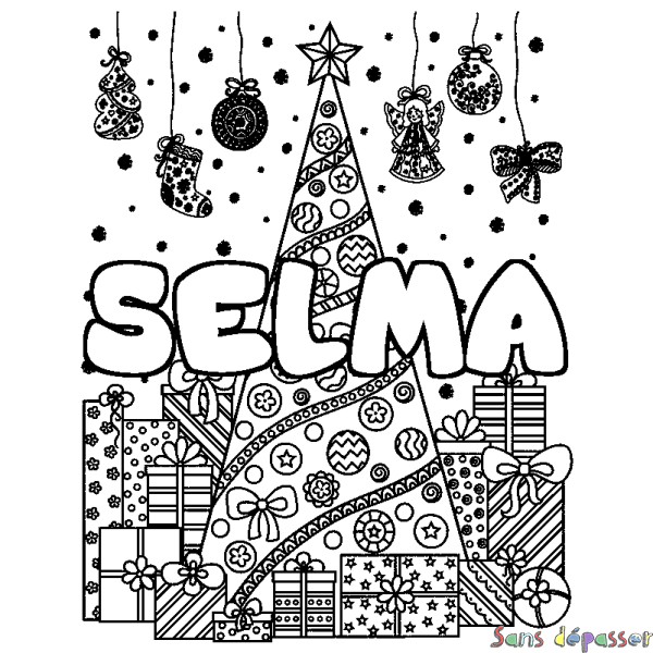 Coloriage prénom SELMA - d&eacute;cor Sapin et Cadeaux