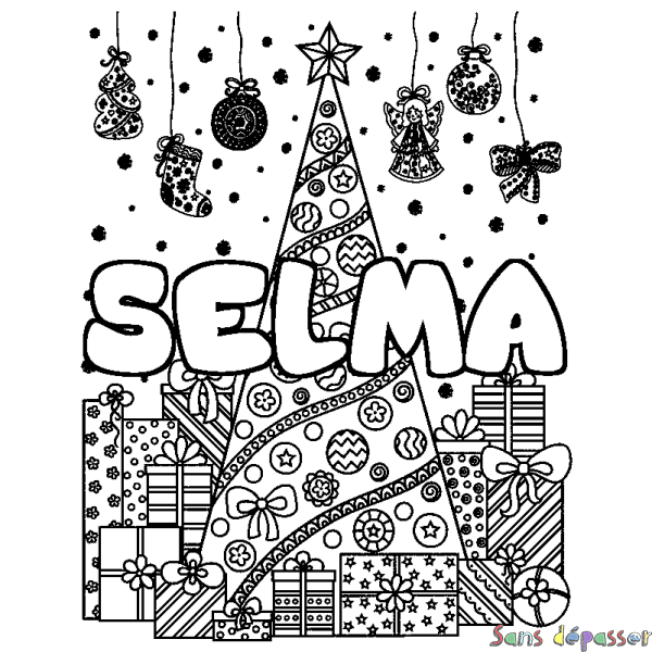 Coloriage pr&eacute;nom SELMA - d&eacute;cor Sapin et Cadeaux