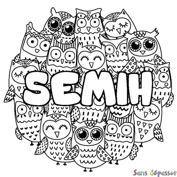 Coloriage pr&eacute;nom SEMIH - d&eacute;cor Chouettes