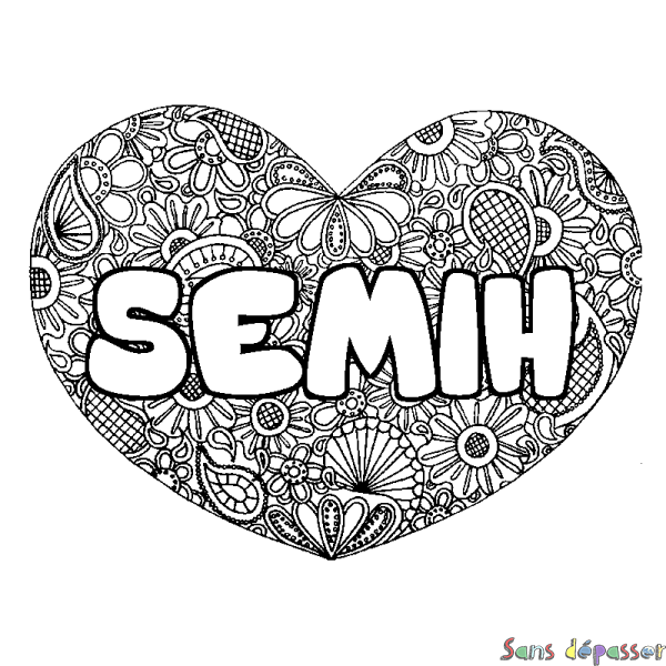 Coloriage pr&eacute;nom SEMIH - d&eacute;cor Mandala coeur