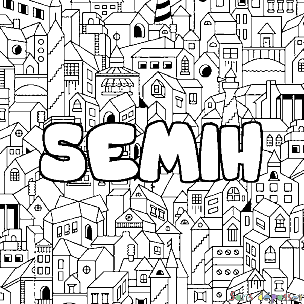 Coloriage pr&eacute;nom SEMIH - d&eacute;cor Ville
