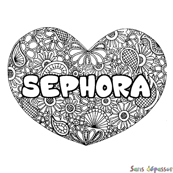 Coloriage pr&eacute;nom SEPHORA - d&eacute;cor Mandala coeur