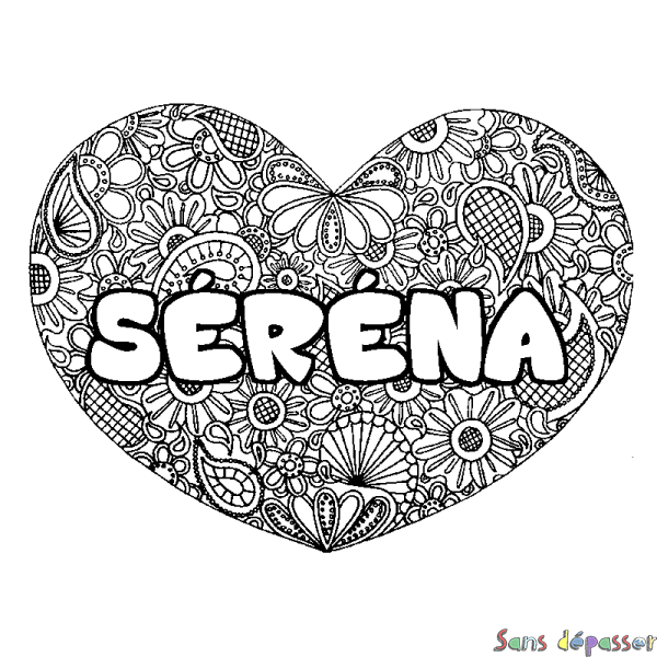 Coloriage pr&eacute;nom S&Eacute;R&Eacute;NA - d&eacute;cor Mandala coeur