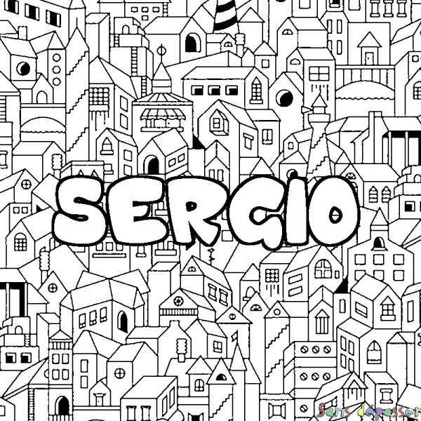 Coloriage pr&eacute;nom SERGIO - d&eacute;cor Ville