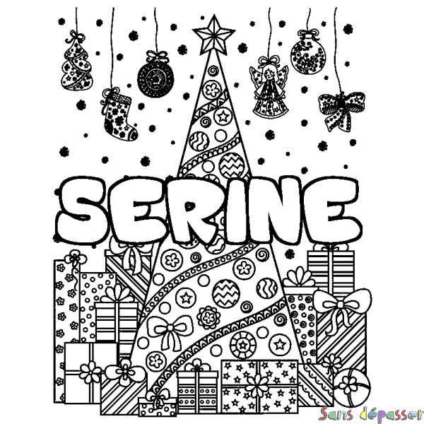 Coloriage pr&eacute;nom SERINE - d&eacute;cor Sapin et Cadeaux