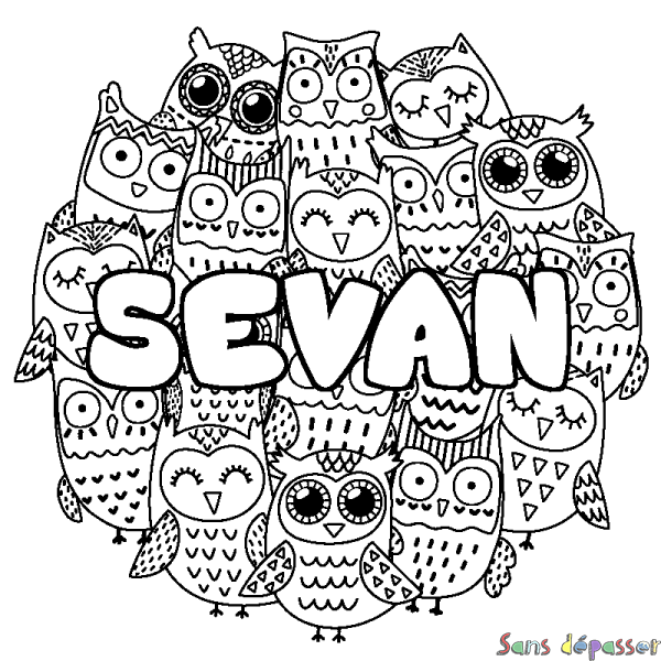 Coloriage pr&eacute;nom SEVAN - d&eacute;cor Chouettes