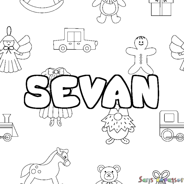 Coloriage pr&eacute;nom SEVAN - d&eacute;cor Jouets