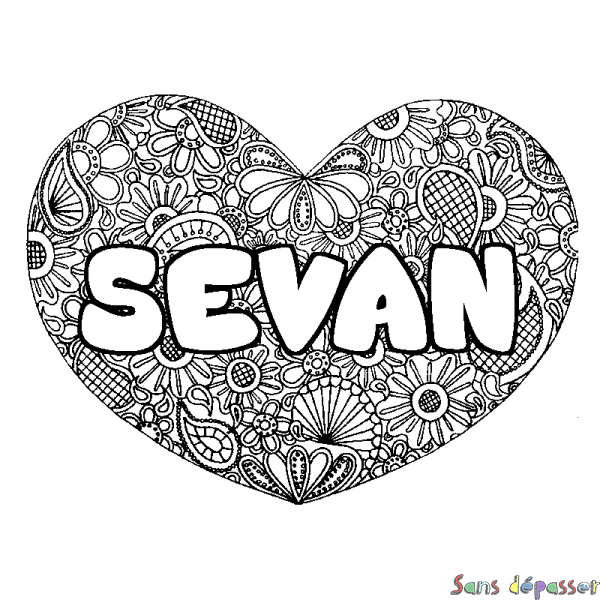 Coloriage pr&eacute;nom SEVAN - d&eacute;cor Mandala coeur